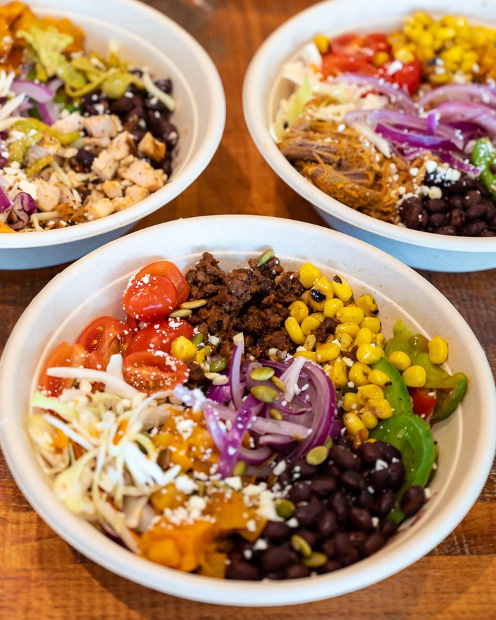 Mexican food franchise mucho burrito's fresh ingredients in bowls 